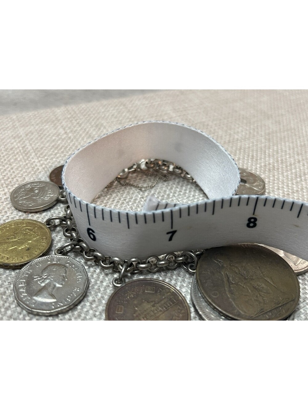 Vintage 1950s 925 Sterling Silver Foreign Coin Charm Bracelet 6.5” Inch - Picture 3 of 6